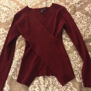 Burgundy Wrap Front Ribbed Sweater